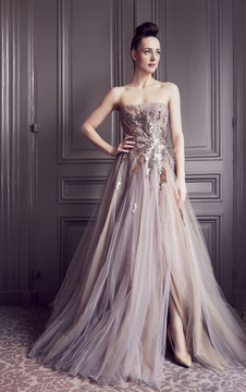 Strapless Pleated Embellished Gown