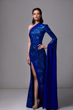 Crepe and Sequin Gown with Long Sleeve