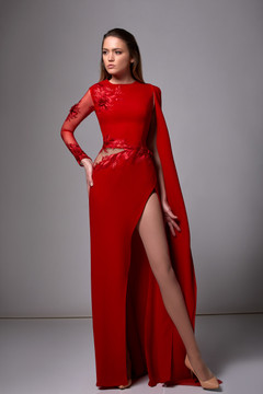 Long Sleeve Crepe Slit Gown