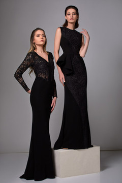 Long Sleeve Crepe Gown with Lace