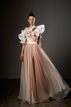 Ruffled One Shoulder Pleated Slit Gown Ruffled One Shoulder Pleated Slit Gown