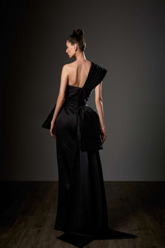 One Shoulder Peplum Satin Gown