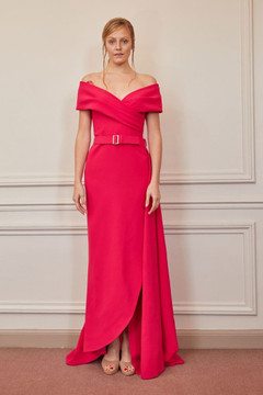 Off Shoulder Belted Slit Gown