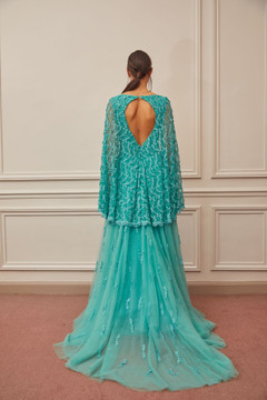 Pleated V Neck Cape Sleeve Gown