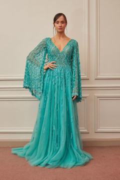 Pleated V Neck Cape Sleeve Gown