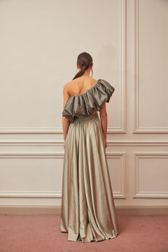 Ruffled One Shoulder Pleated Gown