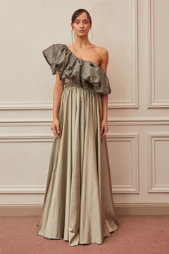 Ruffled One Shoulder Pleated Gown