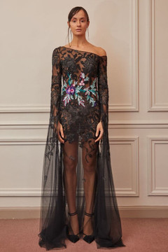 Sheer Illusion Cape Sleeve Gown