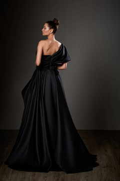 One Shoulder Gathered Slit Satin Gown