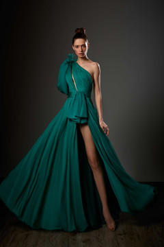 Chiffon Ruched One Shoulder Slit Gown Chiffon Ruched One Shoulder Slit Gown