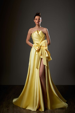 Satin Sculpted Bow Slit Gown