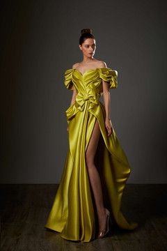 Ruffled Off Shoulder Draped Slit Gown Ruffled Off Shoulder Draped Slit Gown