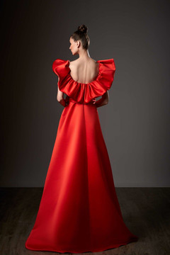 Ruffled Neck High_Low  Satin Gown