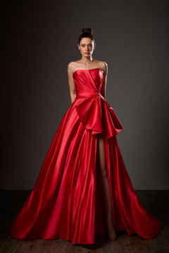 Strapless Sculpted Bow A-Line Slit Gown