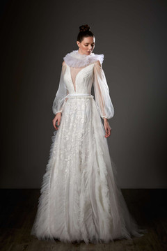 Ruffled Neck Long Sleeve A-Line Gown Ruffled Neck Long Sleeve A-Line Gown