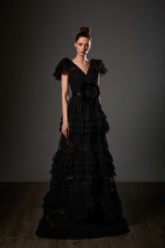 Short Sleeve V-Neck Tiered Gown Short Sleeve V-Neck Tiered Gown