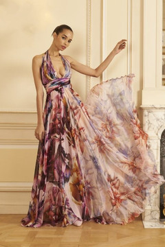 Halter Neck Chiffon Print Gown