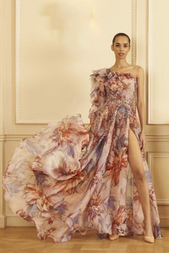 Beaded One Shoulder Organza Print Gown Beaded One Shoulder Organza Print Gown