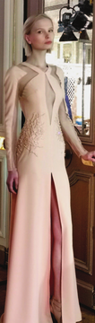 Long Sleeve Crepe and Tulle Slit Gown Long Sleeve Crepe and Tulle Slit Gown