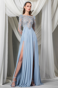 Long Sleeve Pleated Georgette Slit Gown