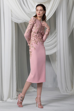 Long Sleeve Illusion Lace and Crêpe Marocain Dress