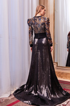 Long Sleeve Sequined Slit Gown Long Sleeve Sequined Slit Gown