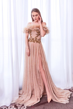 Embellished Off Shoulder Slit Gown Embellished Off Shoulder Slit Gown