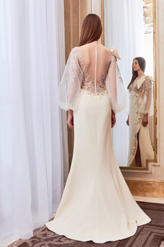 Embellished Sheer Sleeve Slit Gown Embellished Sheer Sleeve Slit Gown