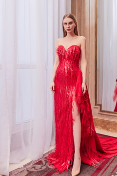 Strapless Fringe Slit Gown Strapless Fringe Slit Gown