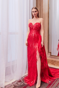 Strapless Fringe Slit Gown