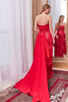 Strapless Fringe Slit Gown Strapless Fringe Slit Gown