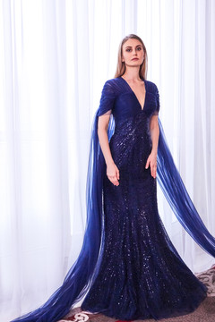 Draped Cape Sequin Gown