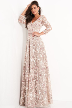 Floral Embroidered V Neck Gown