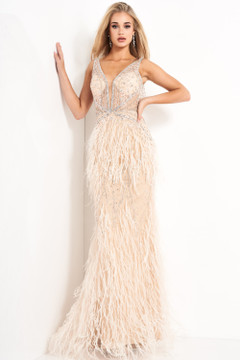 Jovani 03108  Silver Embellished Evening Dress with Feathers