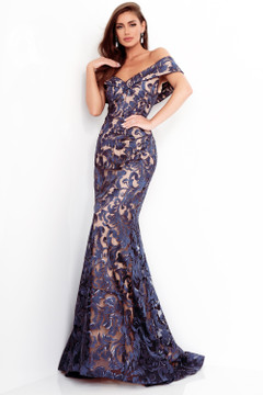 Lace Off the Shoulder V Neck Gown