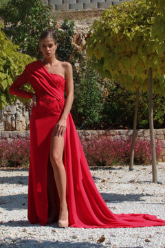 Beaded One Shoulder Crepe Gown