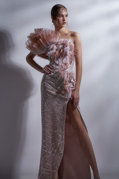 Embellished Ruffled Slit Gown