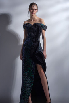 Off Shoulder Ruffled Bodice Slit Gown Off Shoulder Ruffled Bodice Slit Gown