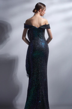 Off Shoulder Ruffled Bodice Slit Gown Off Shoulder Ruffled Bodice Slit Gown