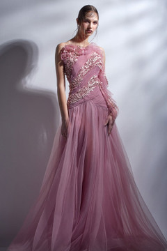 One Shoulder Illusion Pleated Gown