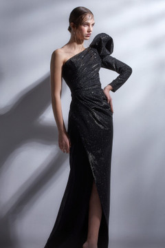 One Shoulder Long Sleeve Fitted Slit Gown One Shoulder Long Sleeve Fitted Slit Gown