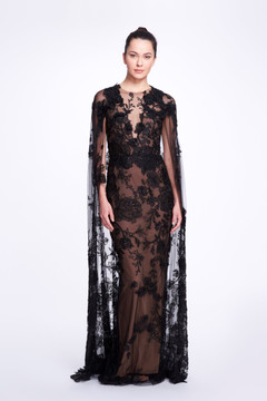 High Neck Embroidered Illusion Tulle Gown with Cape