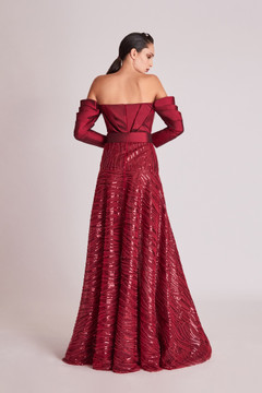 Long Sleeve Off Shoulder Embellished Gown