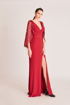 Deep V-Neck ¾ Cape Sleeve Slit Gown