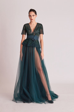 Short Sleeve Peplum Top and A-Line Slit Skirt Short Sleeve Peplum Top and A-Line Slit Skirt