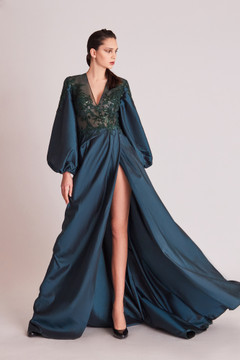 Long Balloon Sleeve A-Line Slit Gown