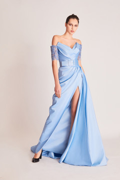 Off Shoulder Banded Sleeve Slit  Gown