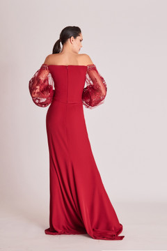 Long Sleeve Off the Shoulder Slit Gown