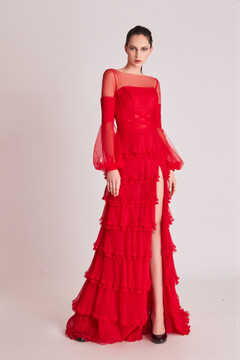 Long Bell Sleeve Ruffled Slit Gown Long Bell Sleeve Ruffled Slit Gown