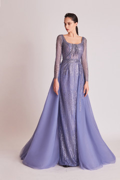 Long Sleeve Embellished Draped Gown